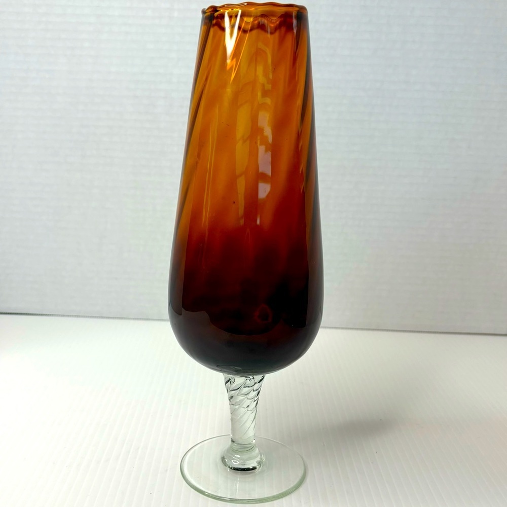 Vintage Empoli Italian Art Glass Optic Vase Amber Clear Twisted Pedestal 10"